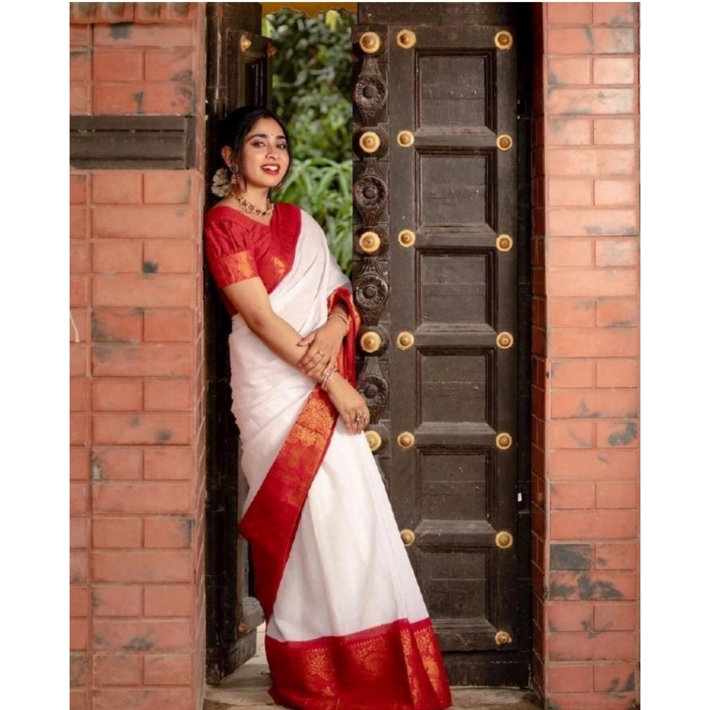 Generic Women's Silk Printed Saree With Unstitched Blouse 5.5Mtr (White) - Image 3