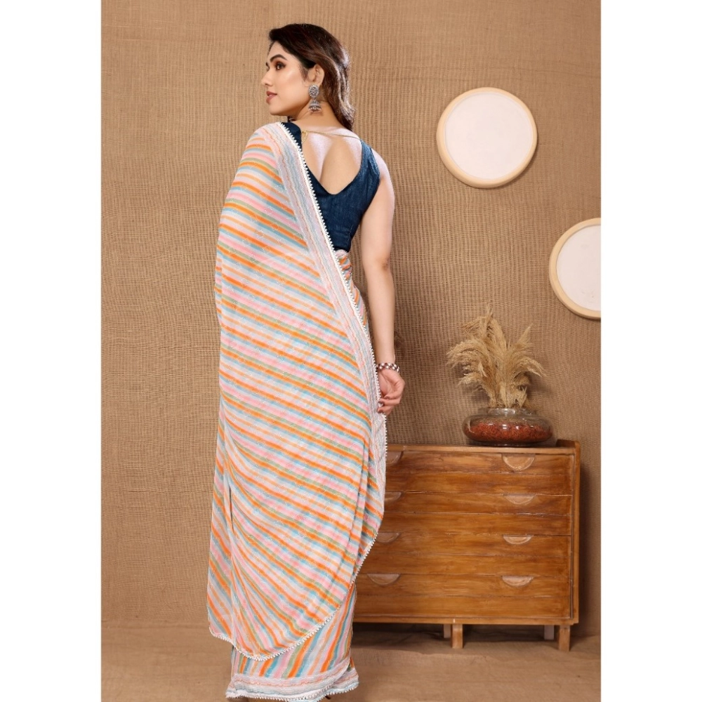 Generic Women's Small Lace Georgette Striped Ready-to-Wear Saree With Unstitched Blouse 5.5 Mtr (Orange) - Image 3