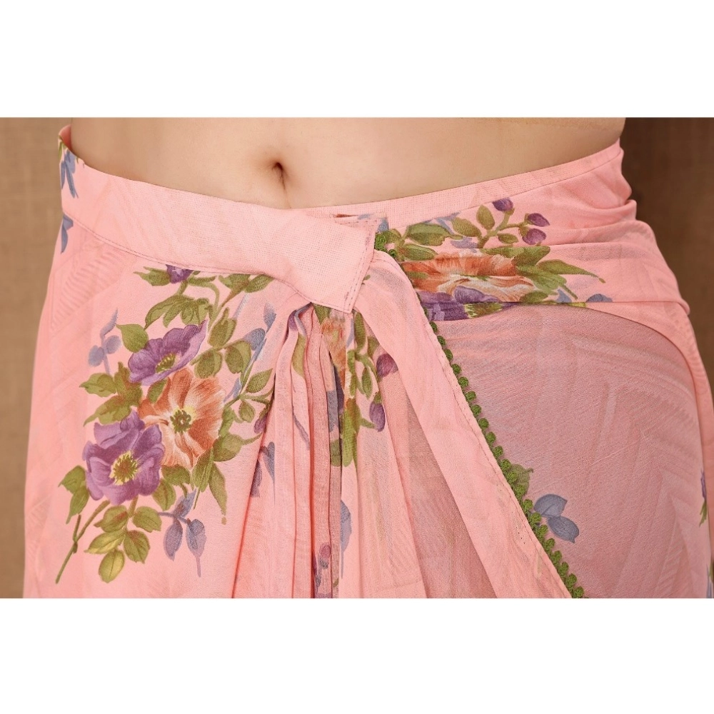 Generic Women's Small Lace Georgette Printed Ready-to-Wear Saree With Unstitched Blouse 5.5 Mtr (Peach) - Image 2