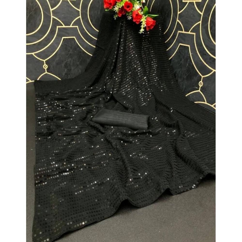 Generic Women's Georgette Embellished Sequnece Bollywood Saree With Unstitched Blouse 5.5Mtr (Black) - Image 2