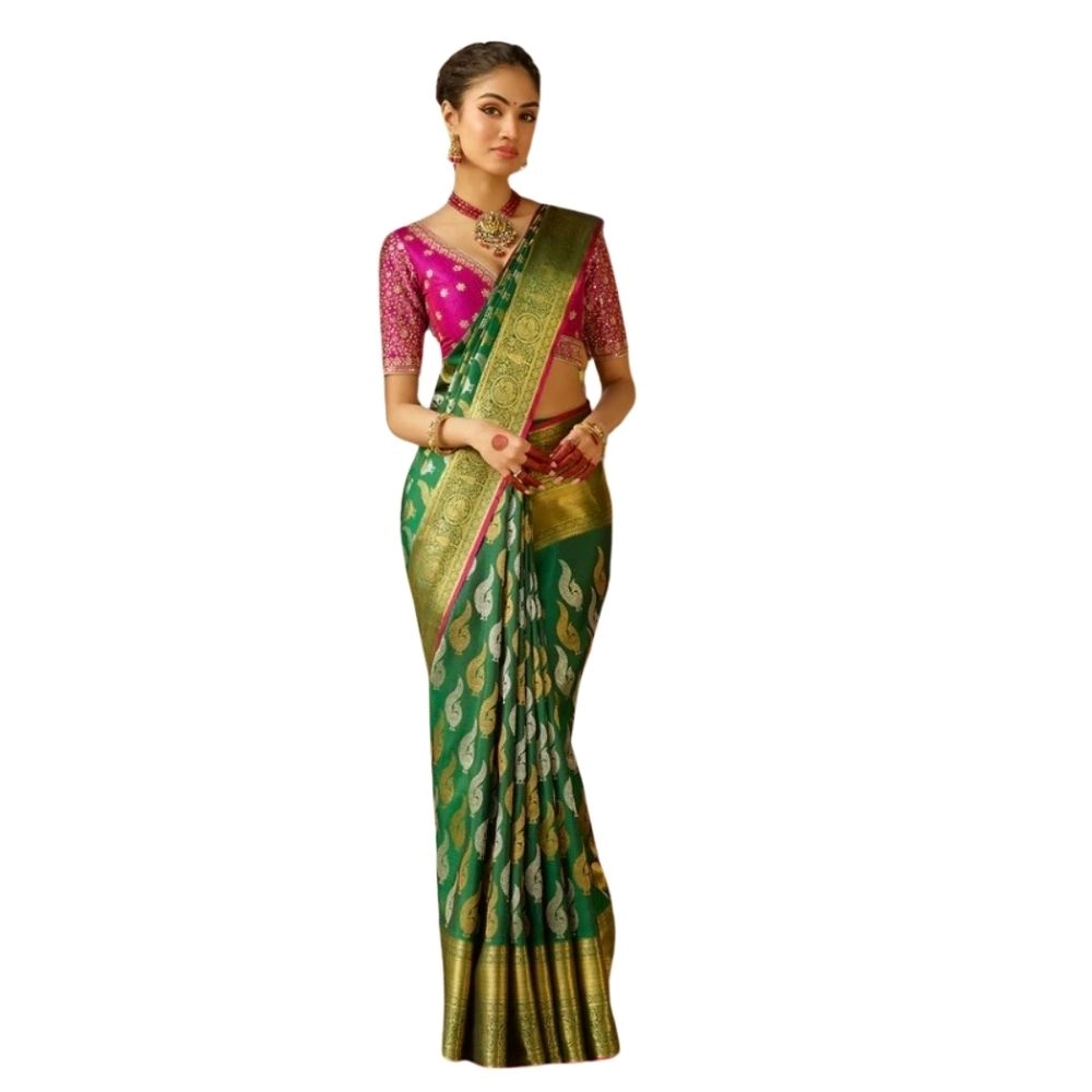 Generic Women's Silk Printed Saree With Unstitched Blouse 5.5Mtr (Green)