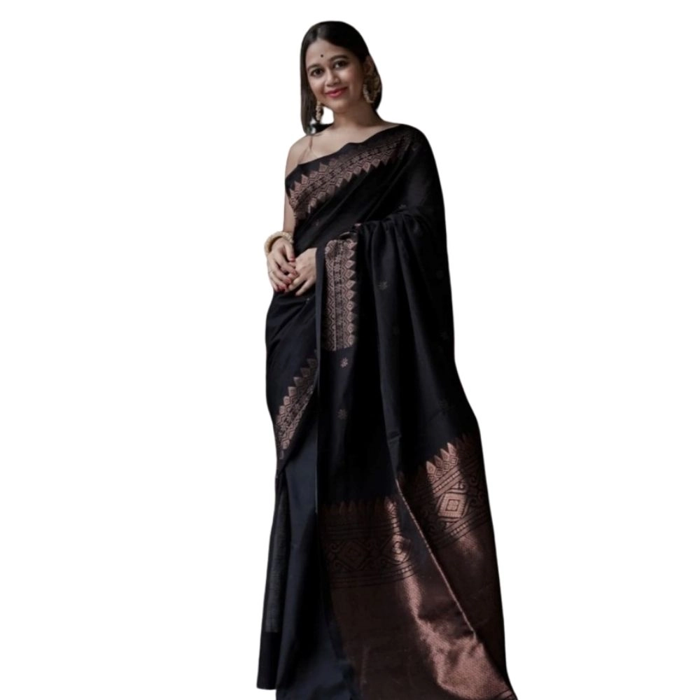 Generic Women's Silk Printed Saree With Unstitched Blouse 5.5Mtr (Black)