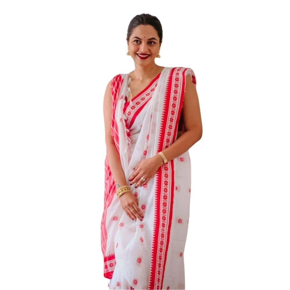 Generic Women's Cotton Printed Saree With Unstitched Blouse 5.5Mtr (White-Pink)