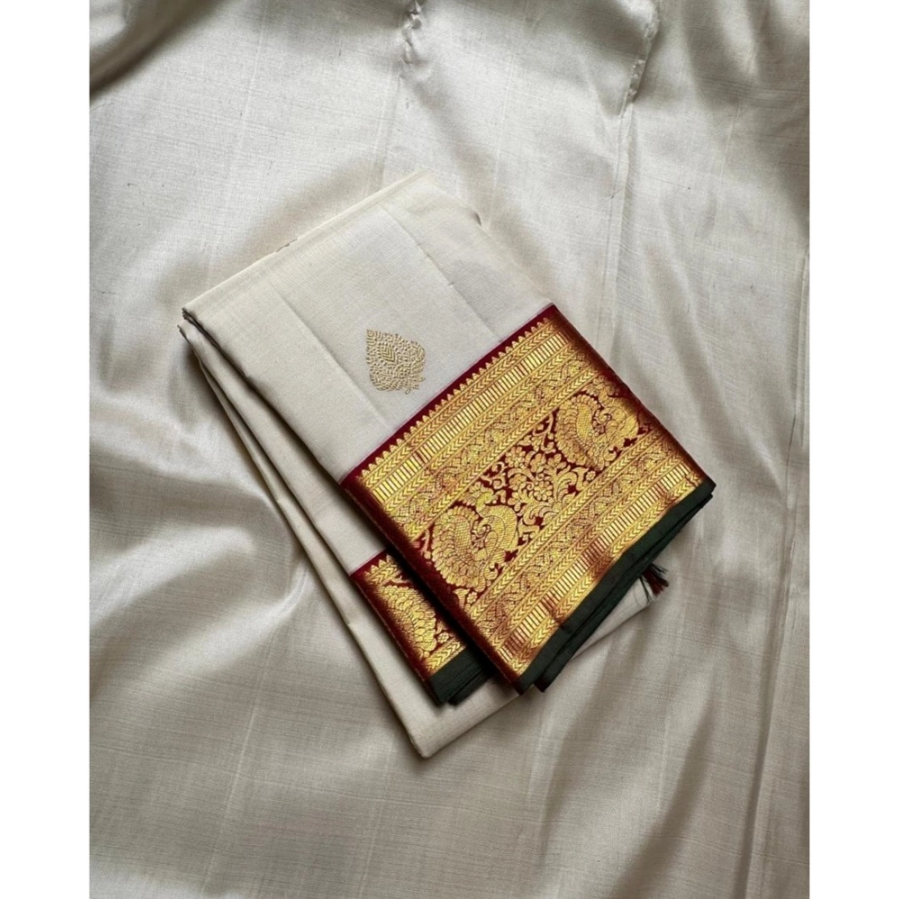 Generic Women's Silk Printed Saree With Unstitched Blouse 5.5Mtr (Off White-Red)