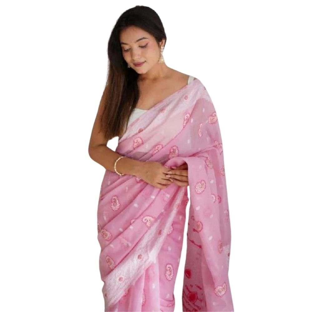 Generic Women's Cotton Printed Saree With Unstitched Blouse 5.5Mtr (Pink)