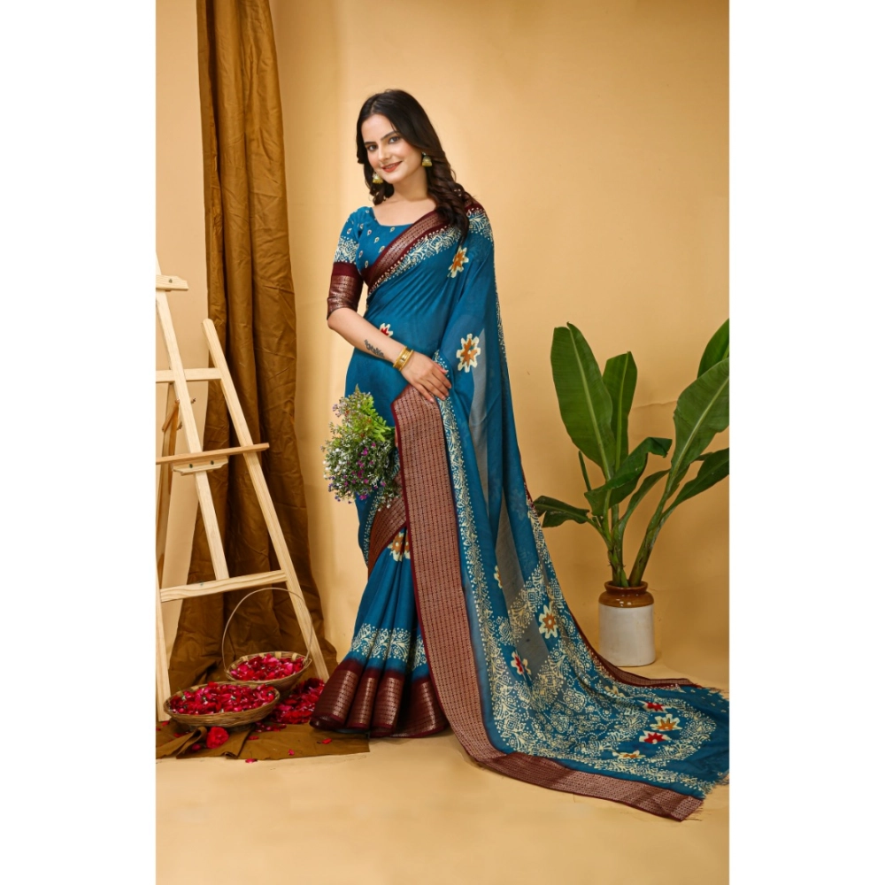 Generic Women's Soft Blooming Marshmallow Fabric Kalamkari Printed Saree With Unstitched Blouse 5.5Mtr (Blue) - Image 2
