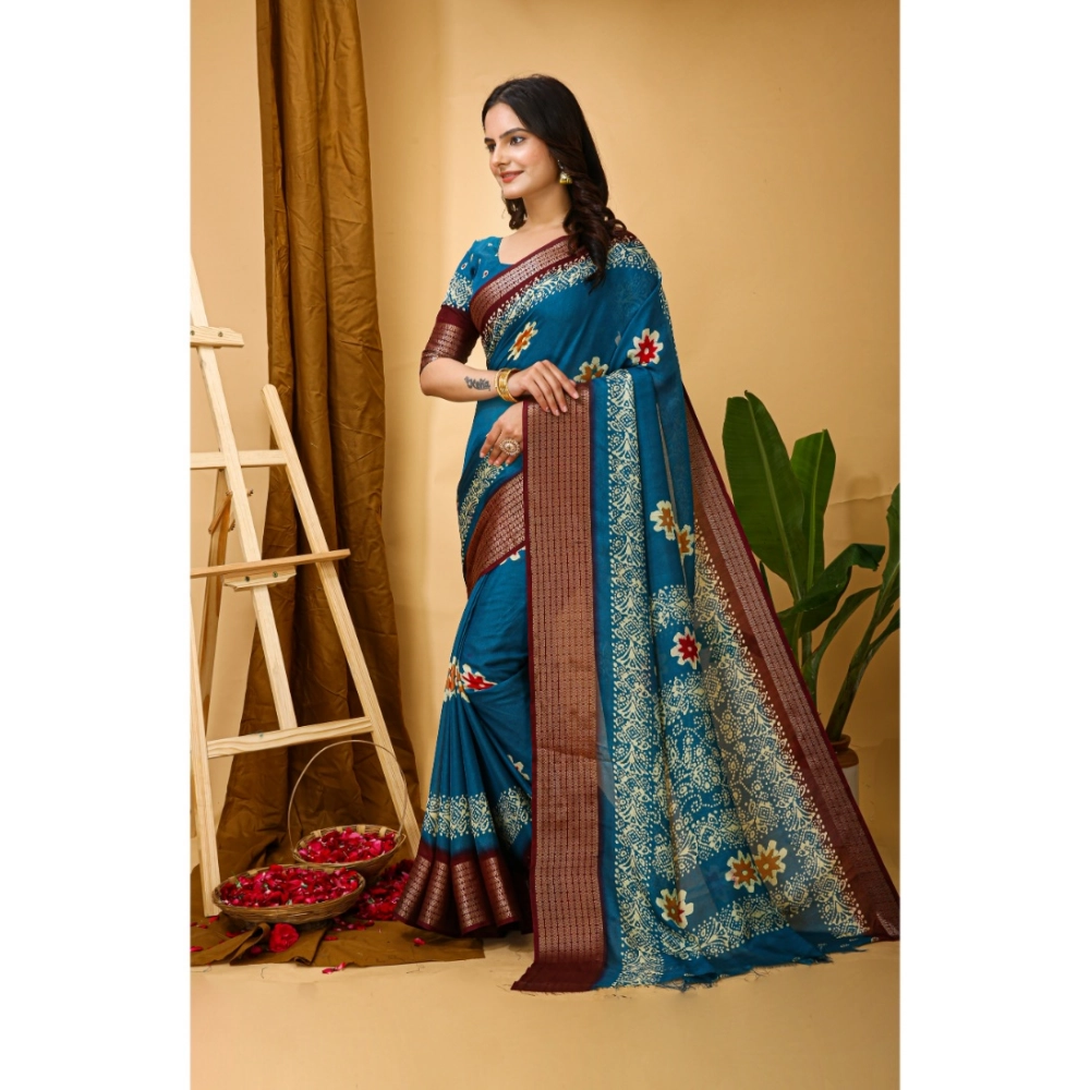 Generic Women's Soft Blooming Marshmallow Fabric Kalamkari Printed Saree With Unstitched Blouse 5.5Mtr (Blue) - Image 4