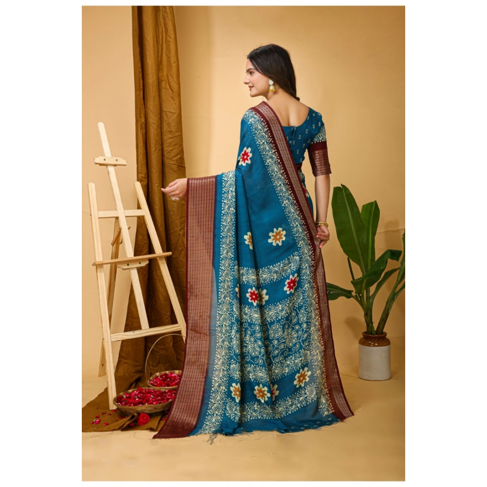 Generic Women's Soft Blooming Marshmallow Fabric Kalamkari Printed Saree With Unstitched Blouse 5.5Mtr (Blue) - Image 3