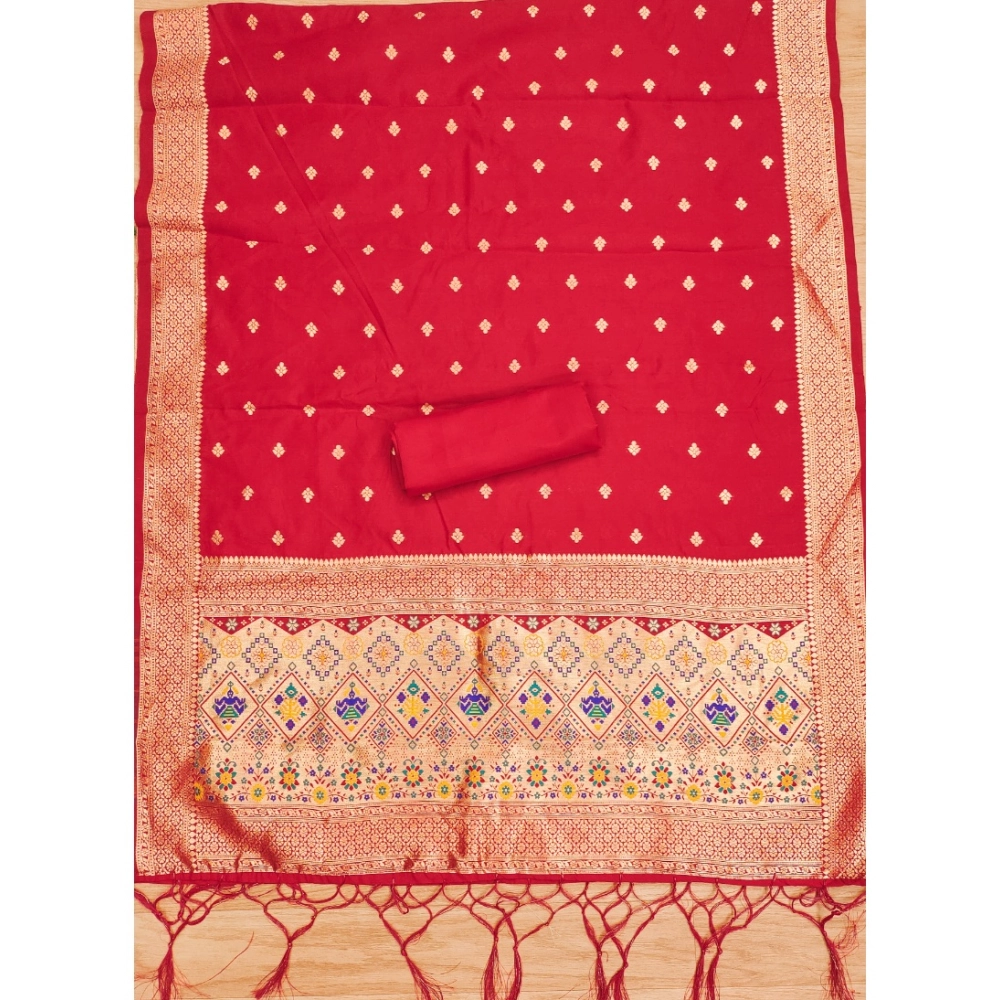 Generic Women's Banarasi Silk Printed Unstitched Salwar Suit Material With Dupatta (Red, 3Mtrs) - Image 2
