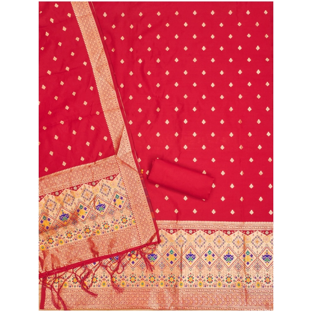 Generic Women's Banarasi Silk Printed Unstitched Salwar Suit Material With Dupatta (Red, 3Mtrs) - Image 3
