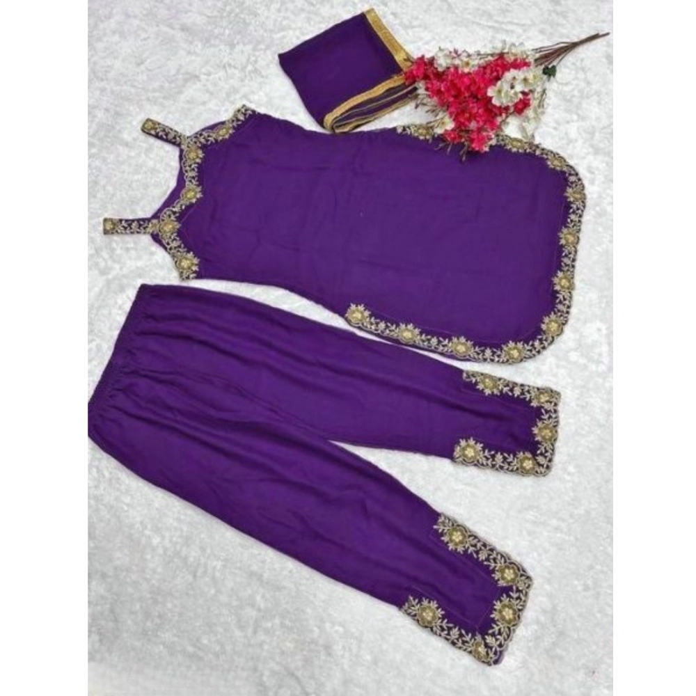 Generic Women's Georgette Embroidery Sleeveless Round Neck Kurti, Palazzo And Dupatta Set (Purple) - Image 3