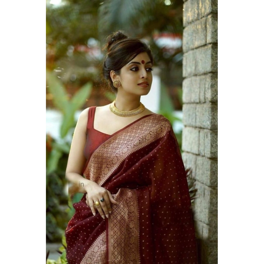 Generic Women's Litchi silk Printed Saree With Unstitched Blouse (Maroon) - Image 2