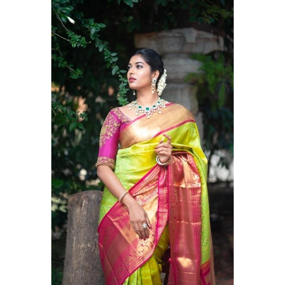 Generic Women's Litchi silk Printed Saree With Unstitched Blouse (Green) - Image 4