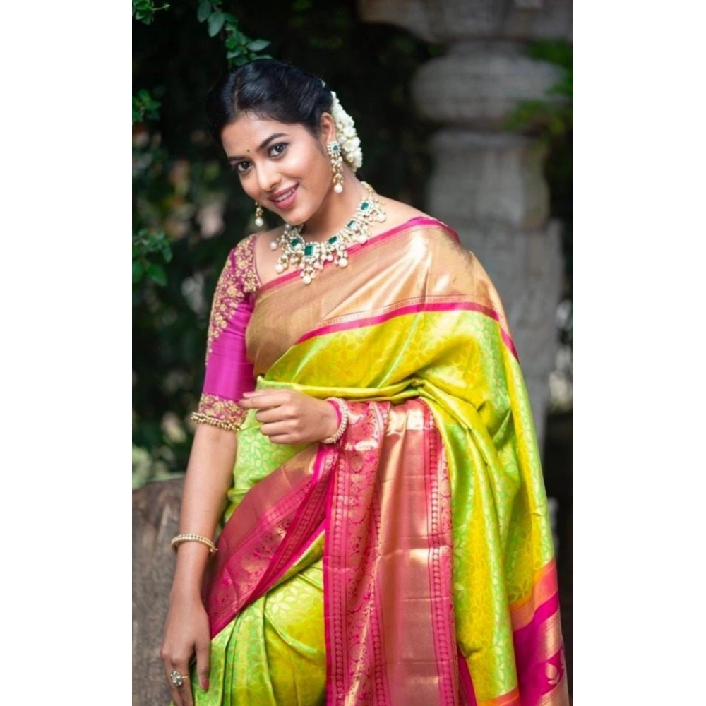 Generic Women's Litchi silk Printed Saree With Unstitched Blouse (Green) - Image 3