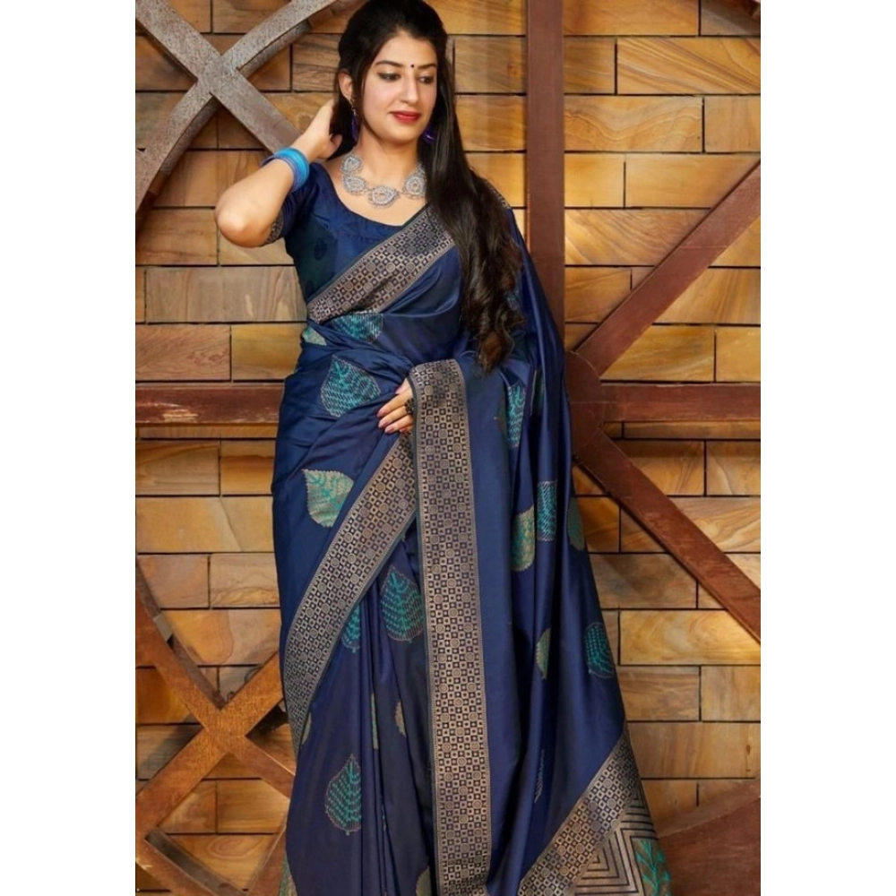 Generic Women's Litchi silk Printed Saree With Unstitched Blouse (Blue) - Image 2