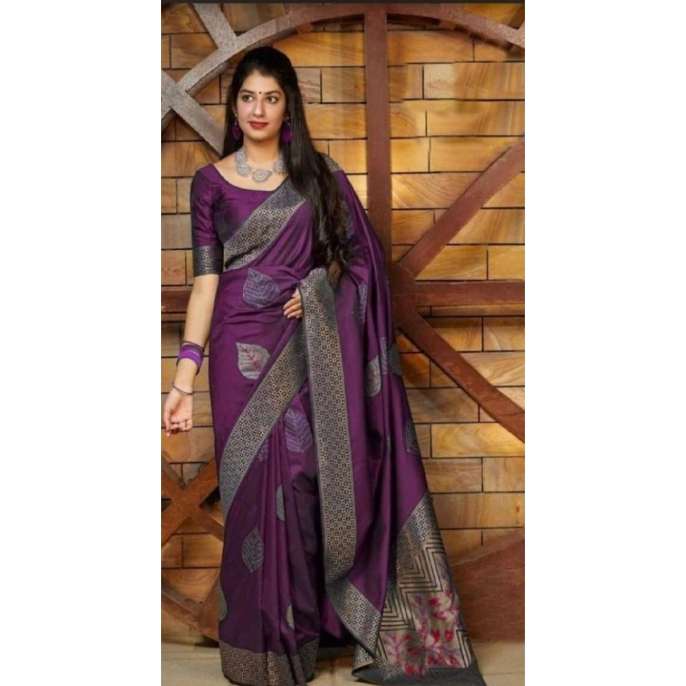 Generic Women's Litchi silk Printed Saree With Unstitched Blouse (Purple) - Image 2