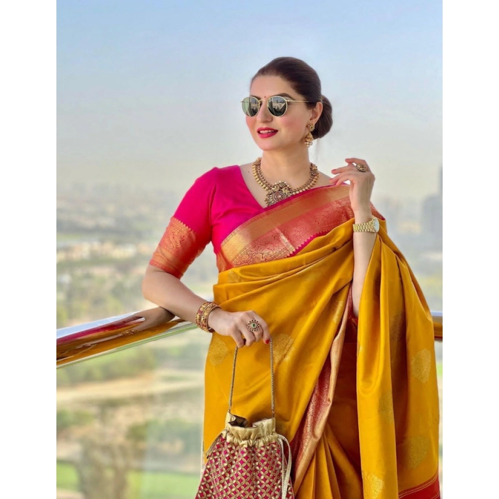 Generic Women's Litchi silk Printed Saree With Unstitched Blouse (Yellow) - Image 3