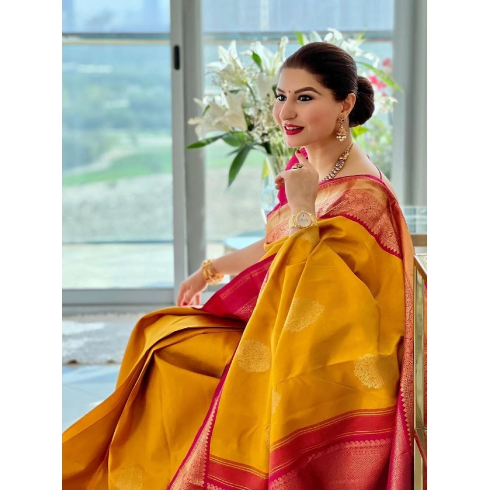Generic Women's Litchi silk Printed Saree With Unstitched Blouse (Yellow) - Image 2