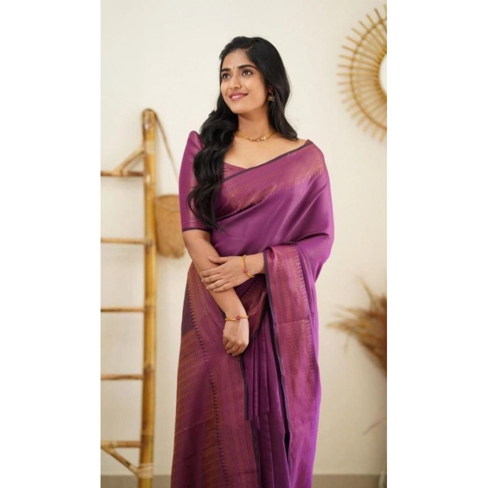 Generic Women's Litchi silk Printed Saree With Unstitched Blouse (Purple) - Image 3