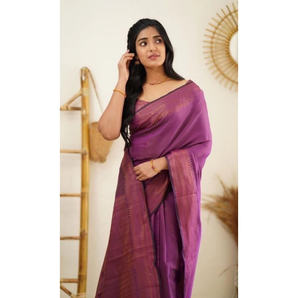 Generic Women's Litchi silk Printed Saree With Unstitched Blouse (Purple) - Image 2