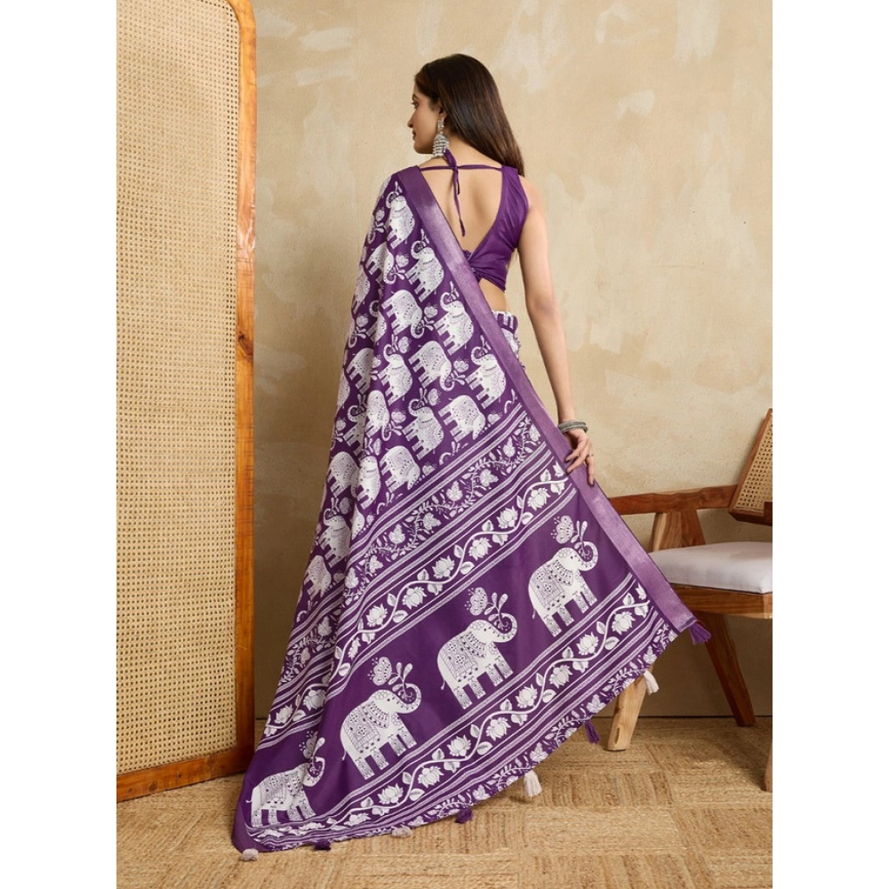 Generic Women's Silk Blend Printed Saree With Unstitched Blouse 5.5Mtr (Purple) - Image 3