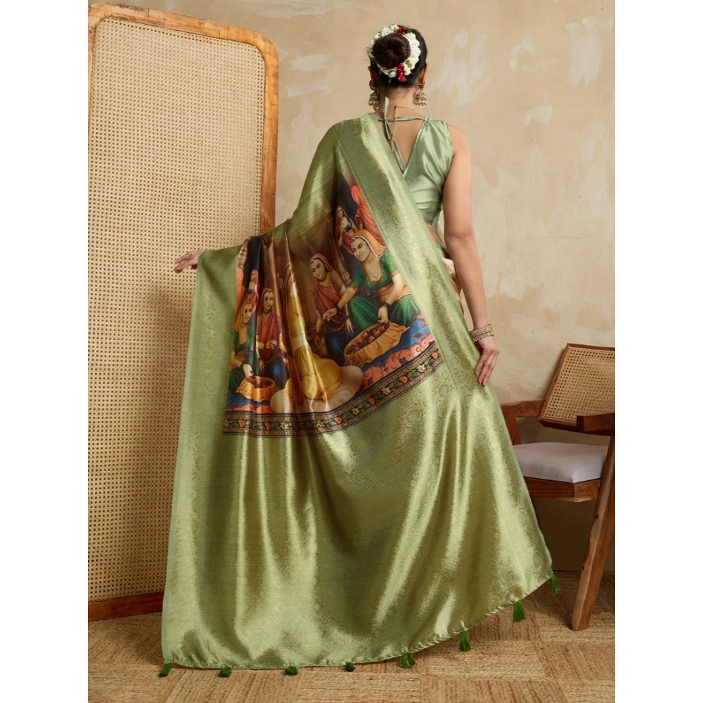 Generic Women's Silk Printed Saree With Unstitched Blouse 5.5Mtr (Mehendi) - Image 4