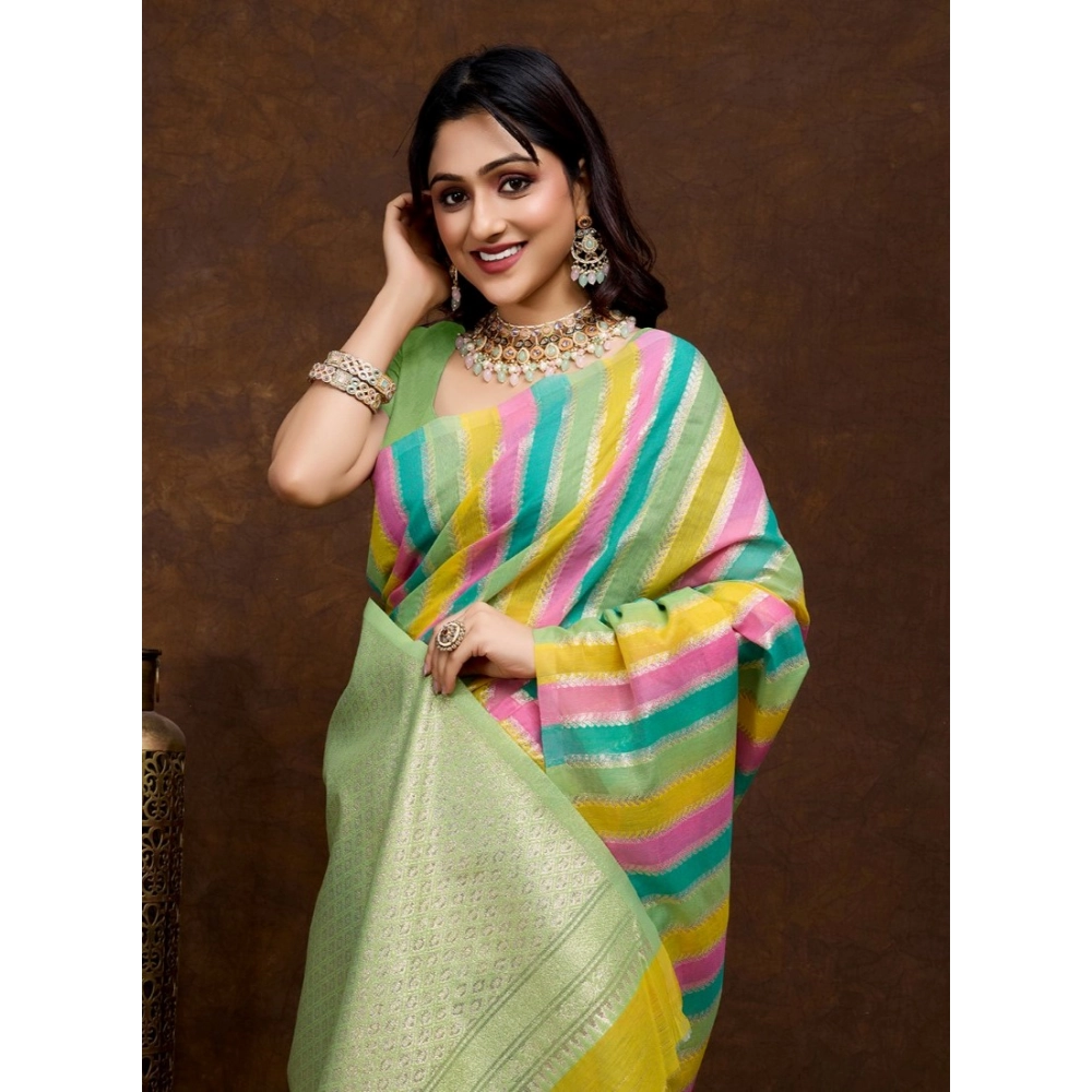 Generic Women's Cotton Blended Printed Saree With Unstitched Blouse 5.5Mtr (Pista) - Image 3