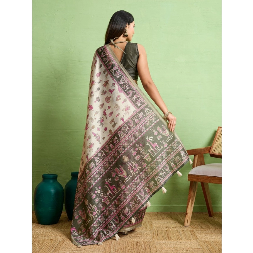Generic Women's Silk Blend Printed Saree With Unstitched Blouse 5.5Mtr (Off White) - Image 4