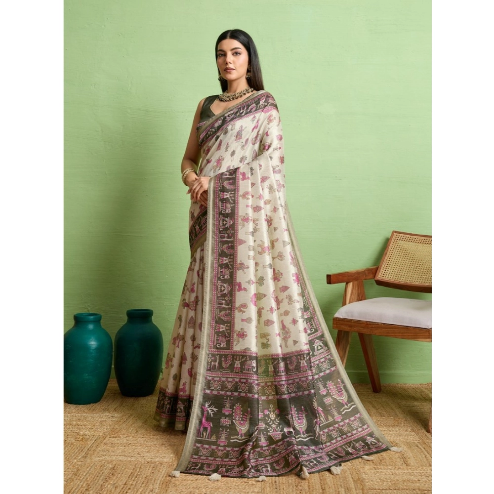 Generic Women's Silk Blend Printed Saree With Unstitched Blouse 5.5Mtr (Off White) - Image 3