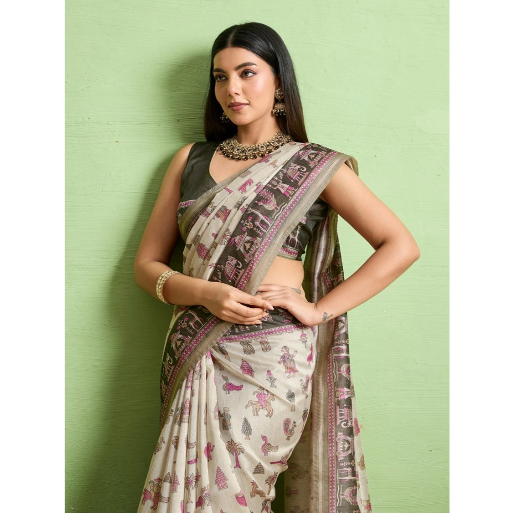 Generic Women's Silk Blend Printed Saree With Unstitched Blouse 5.5Mtr (Off White) - Image 2