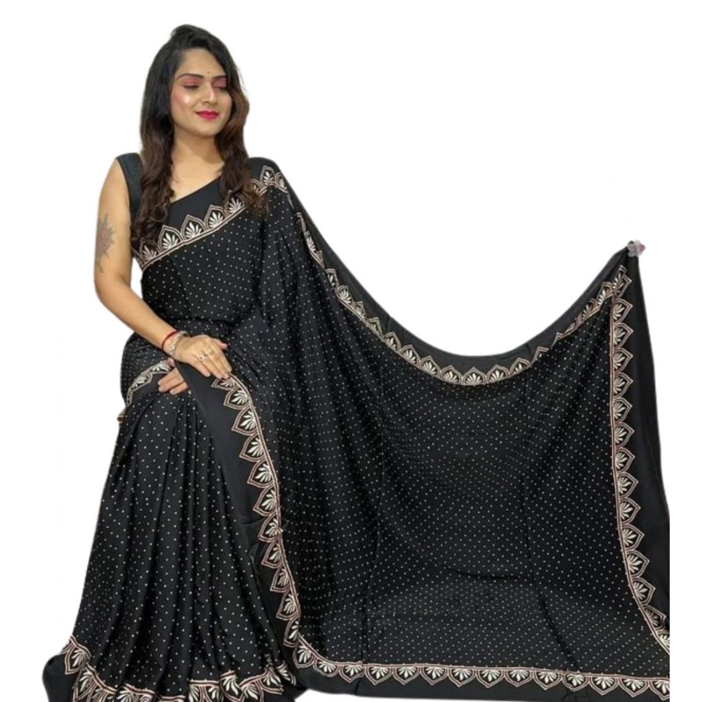 Generic Women's Satin Printed Saree With Unstitched Blouse 5.5Mtr (Black) - Image 2