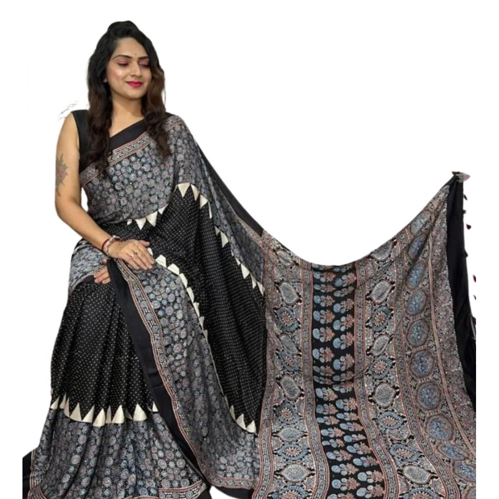 Generic Women's Satin Printed Saree With Unstitched Blouse 5.5Mtr (Black) - Image 2