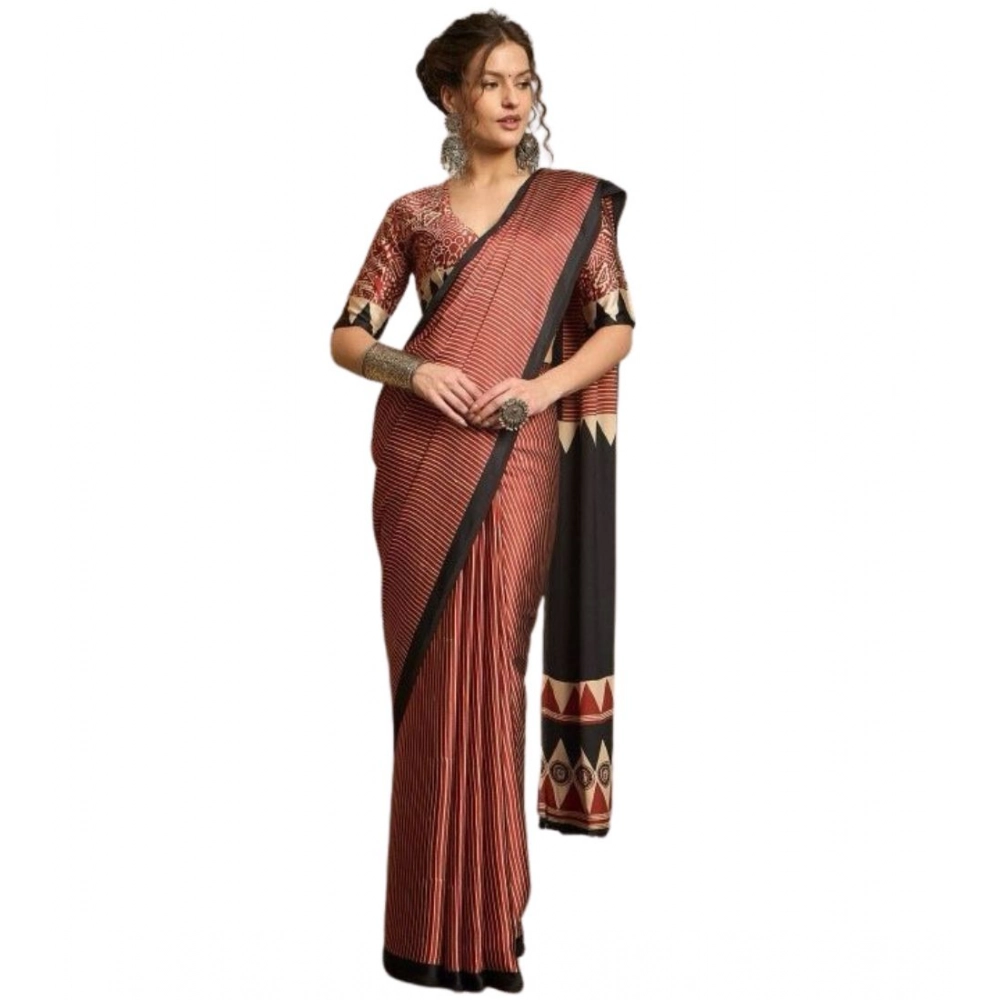Generic Women's Satin Printed Saree With Unstitched Blouse 5.5Mtr (Black) - Image 2