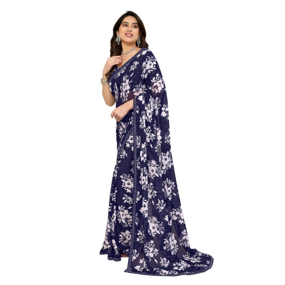 Generic Women's Georgette Printed Saree With Unstitched Blouse 5.5Mtr (Navy Blue) - Image 4