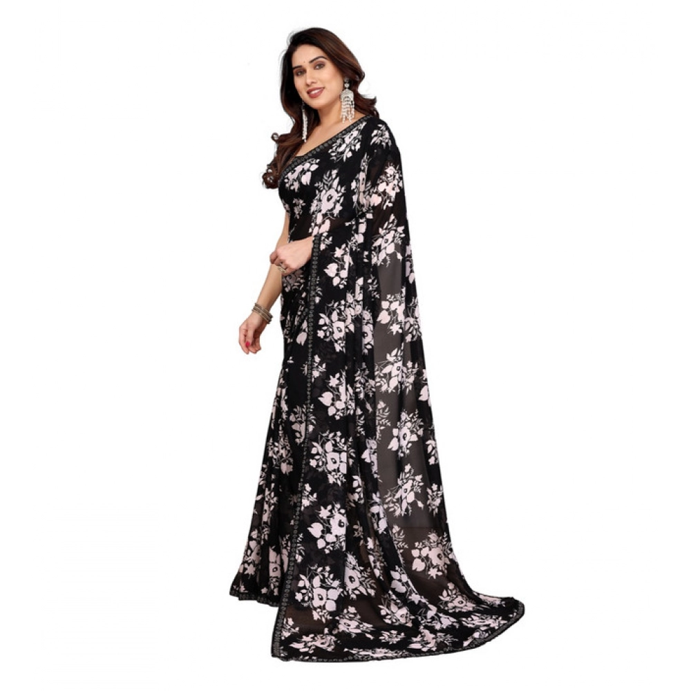 Generic Women's Georgette Printed Saree With Unstitched Blouse 5.5Mtr (Black) - Image 4