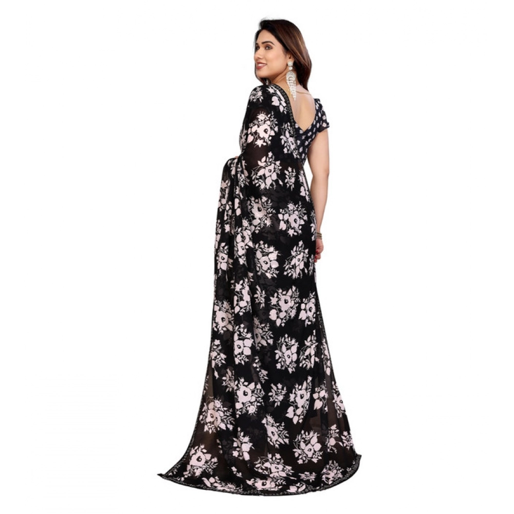 Generic Women's Georgette Printed Saree With Unstitched Blouse 5.5Mtr (Black) - Image 3
