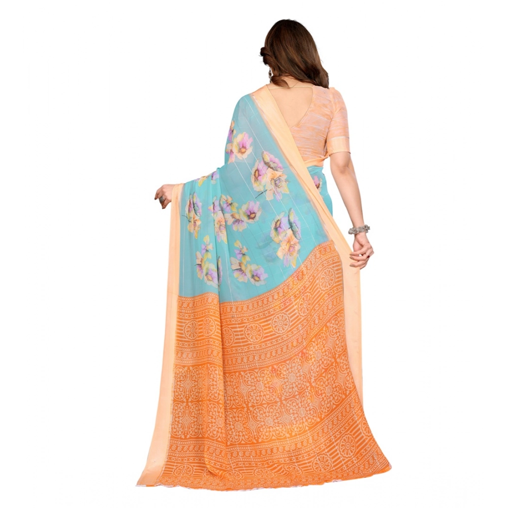 Generic Women's Georgette Printed Saree With Unstitched Blouse 5.5Mtr (Light Blue) - Image 3