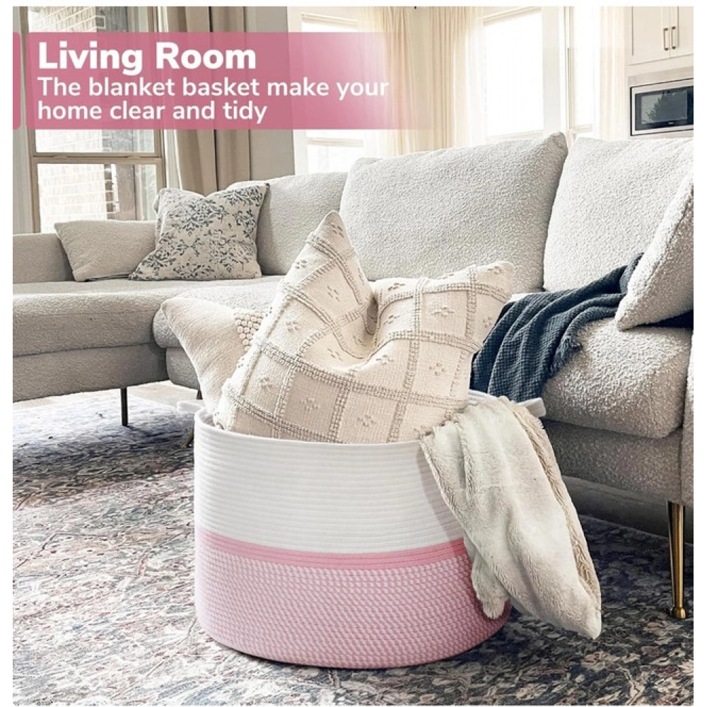 Generic Cotton Dori 16x14 Inch Storage Basket For Clothes (White-Pink White) - Image 4