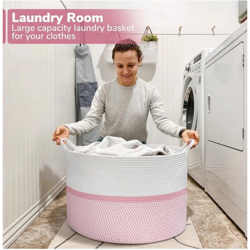 Generic Cotton Dori 16x14 Inch Storage Basket For Clothes (White-Pink White) - Image 3