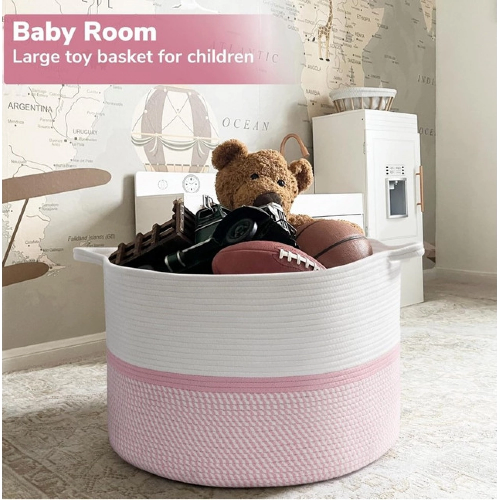 Generic Cotton Dori 16x14 Inch Storage Basket For Clothes (White-Pink White) - Image 2