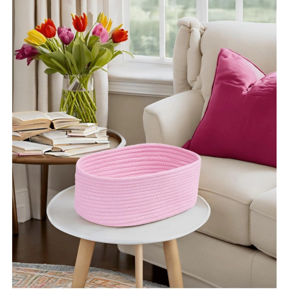 Generic Cotton Oval 10x7x5 Inch Bedside Organizer (Pink) - Image 3