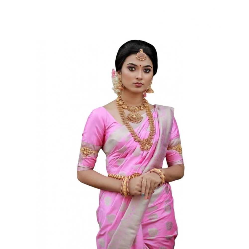 Generic Women's Soft Lichi Silk Printed Saree With Unstitched Blouse 5.5Mtr (Pink)