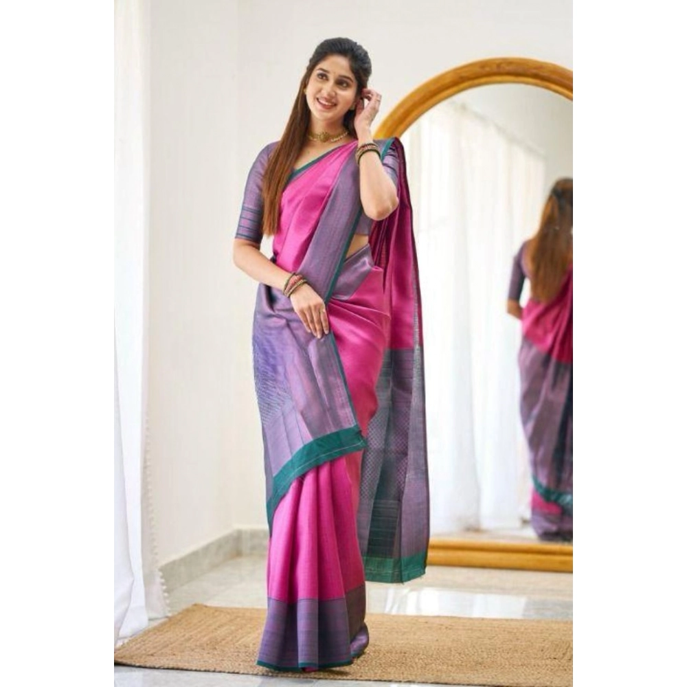 Generic Women's Soft Lichi Silk Printed Saree With Unstitched Blouse 5.5Mtr (Pink) - Image 2