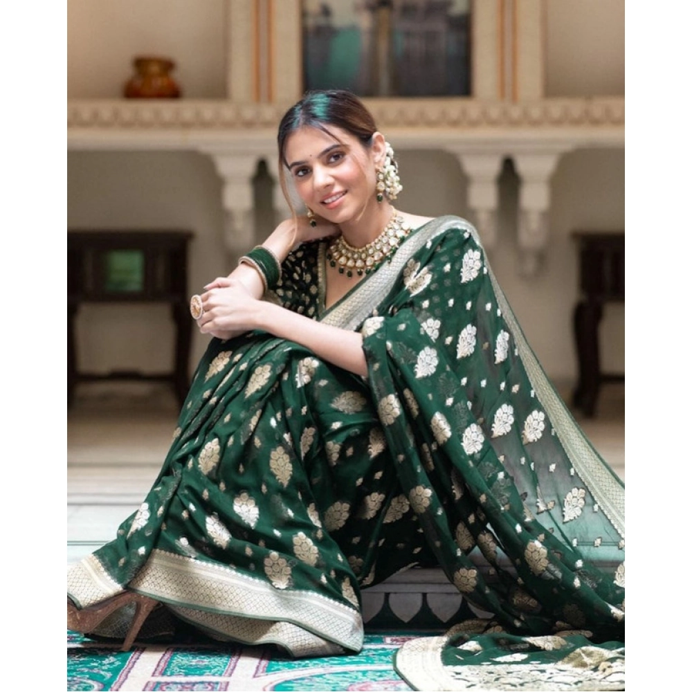 Generic Women's Soft Lichi Silk Printed Saree With Unstitched Blouse 5.5Mtr (Green) - Image 2