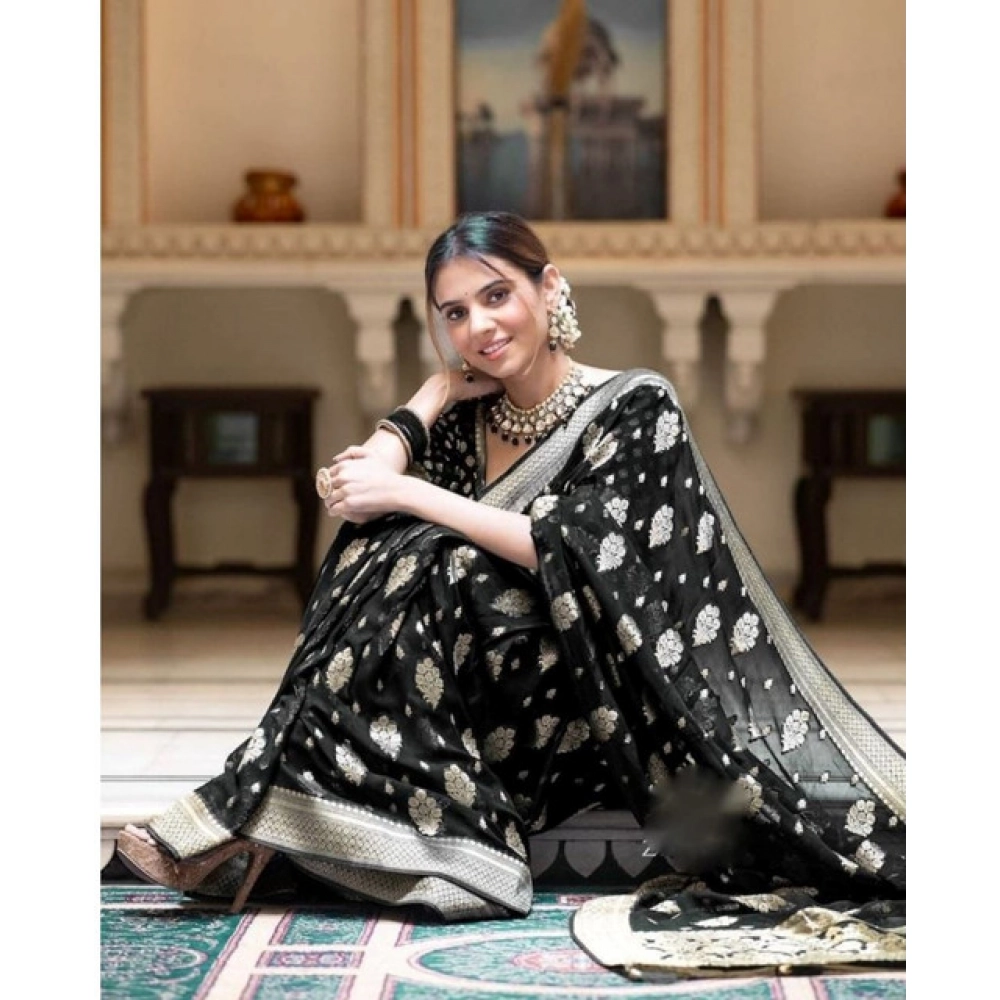 Generic Women's Soft Lichi Silk Printed Saree With Unstitched Blouse 5.5Mtr (Black) - Image 2