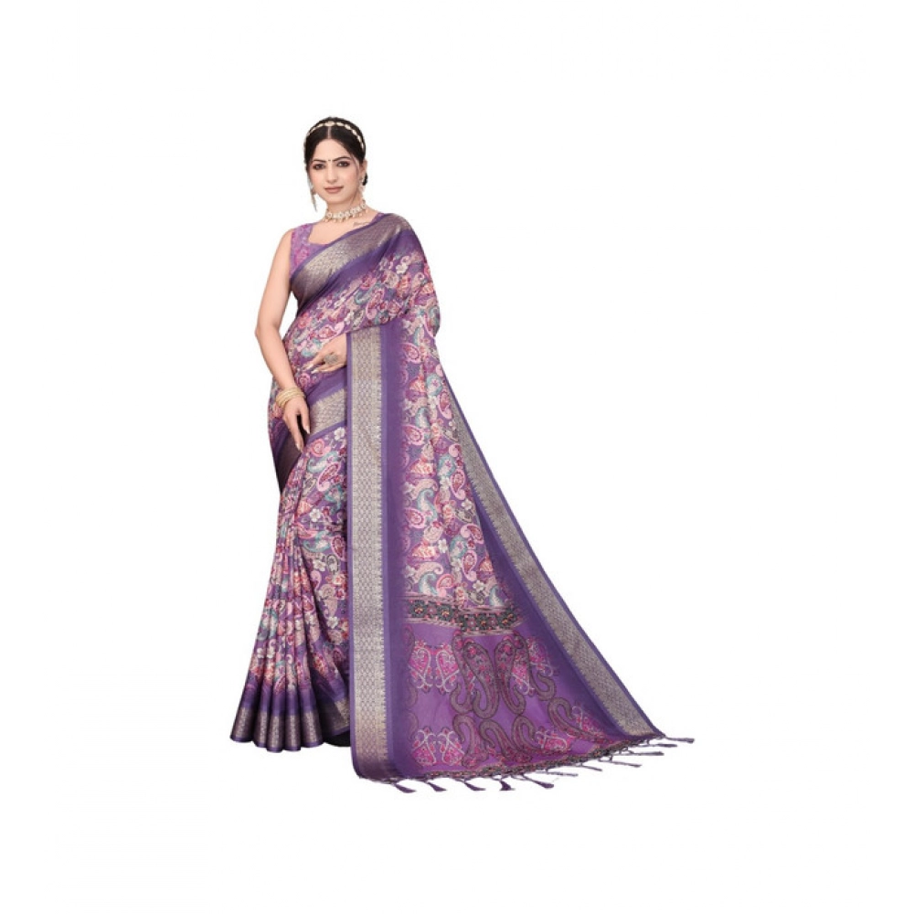 Generic Women's Cotton Silk Printed Saree With Unstitched Blouse 5.5Mtr (Purple)