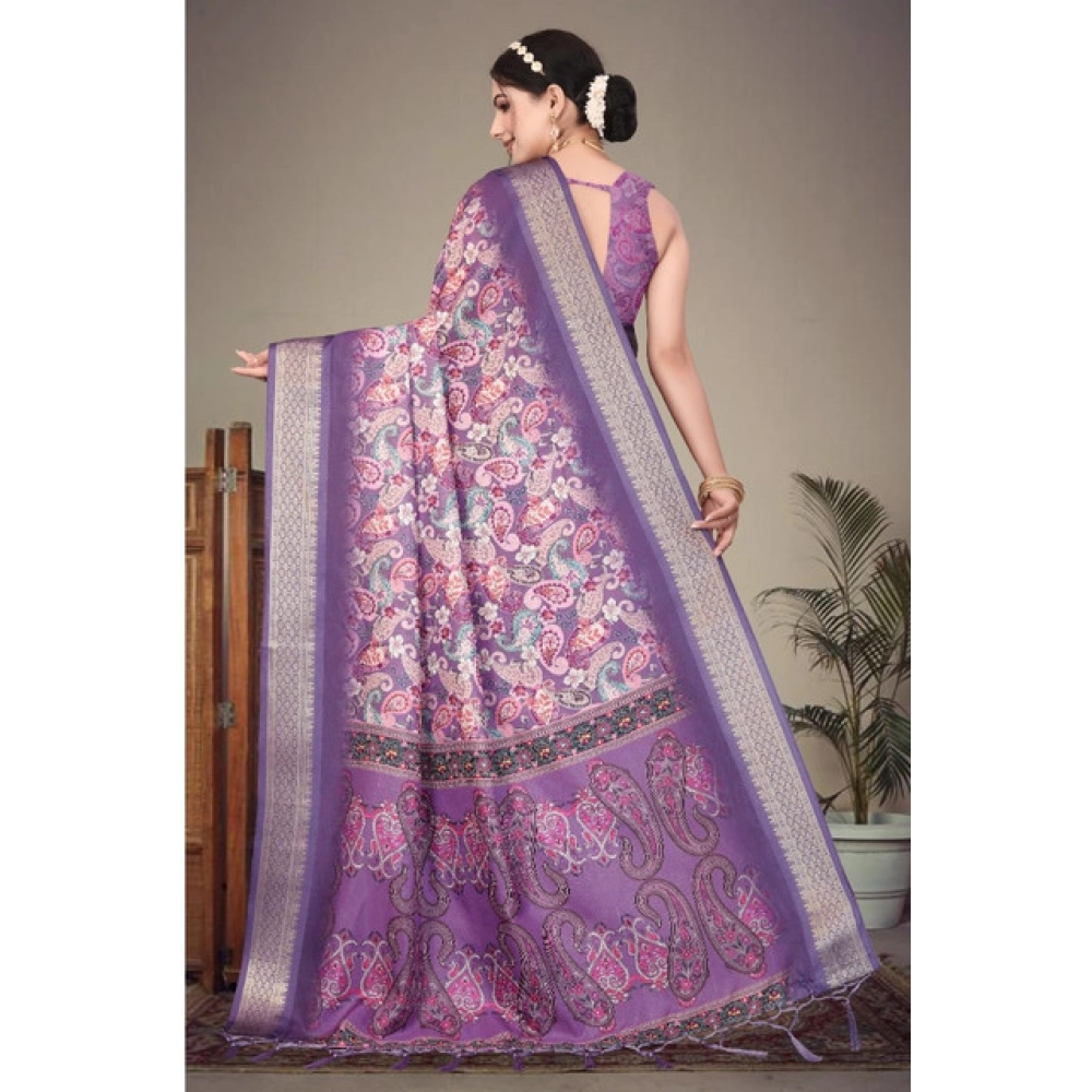 Generic Women's Cotton Silk Printed Saree With Unstitched Blouse 5.5Mtr (Purple) - Image 2