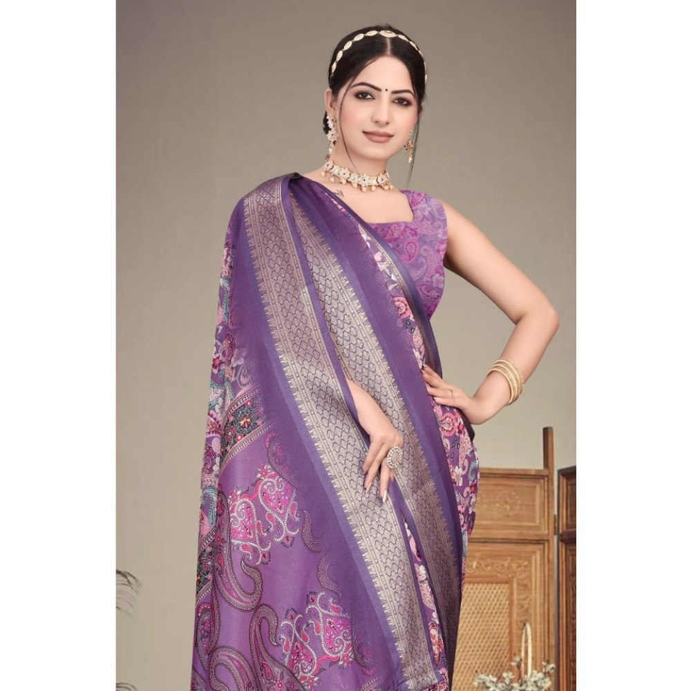 Generic Women's Cotton Silk Printed Saree With Unstitched Blouse 5.5Mtr (Purple) - Image 4