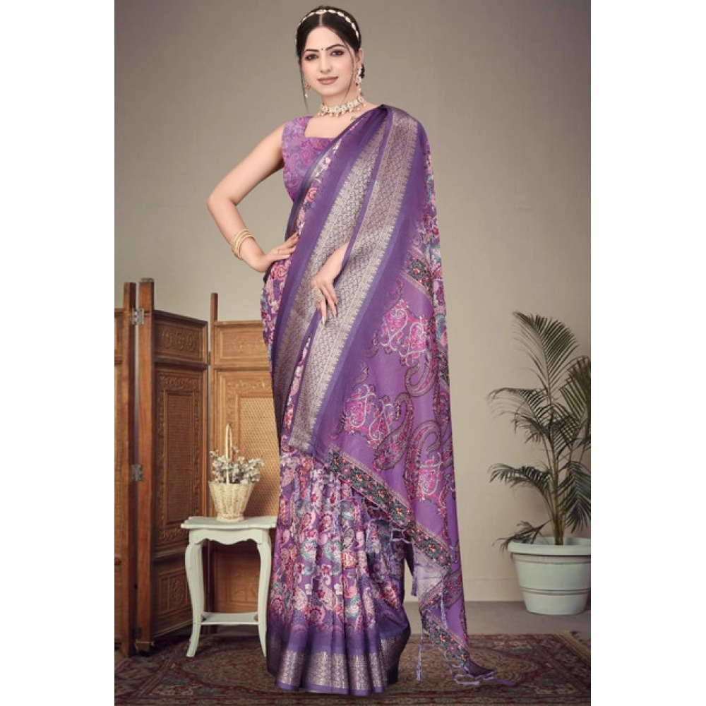 Generic Women's Cotton Silk Printed Saree With Unstitched Blouse 5.5Mtr (Purple) - Image 3