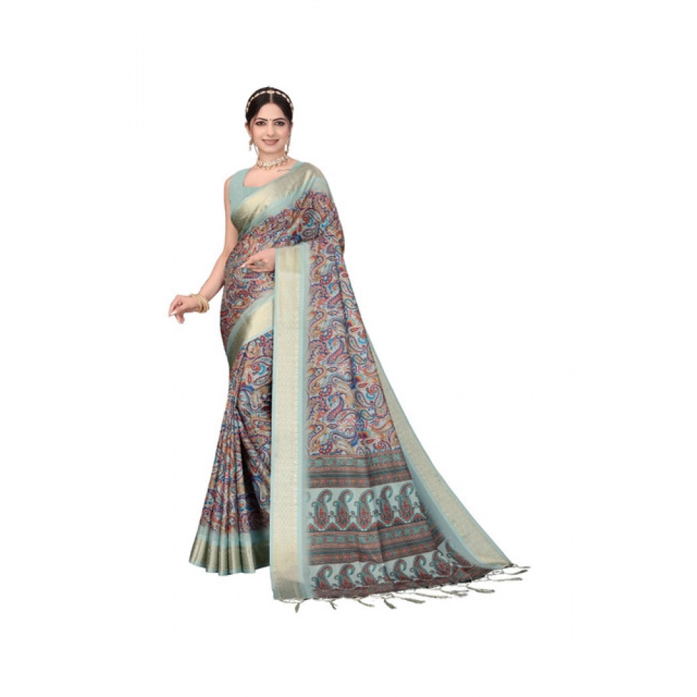 Generic Women's Cotton Silk Printed Saree With Unstitched Blouse 5.5Mtr (Multicolor)